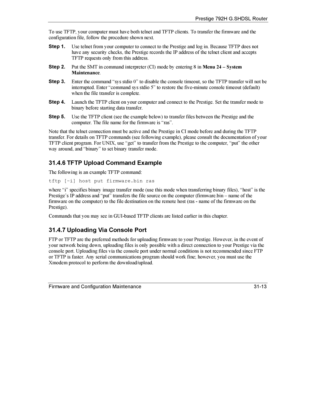 ZyXEL Communications 792H manual Tftp Upload Command Example, Uploading Via Console Port 