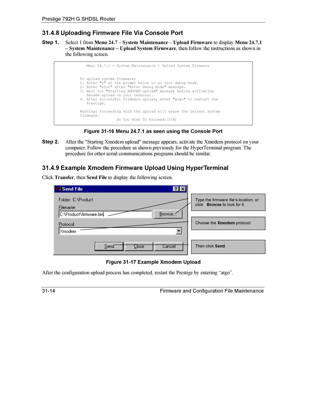 ZyXEL Communications 792H Uploading Firmware File Via Console Port, Example Xmodem Firmware Upload Using HyperTerminal 