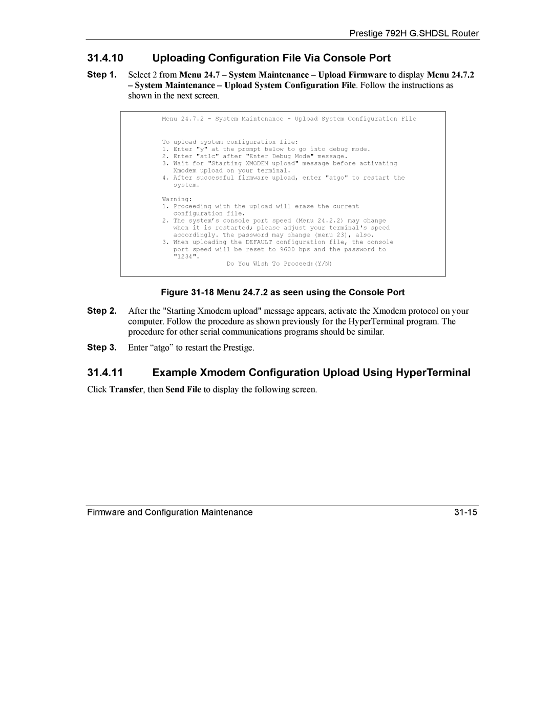 ZyXEL Communications 792H manual Uploading Configuration File Via Console Port 