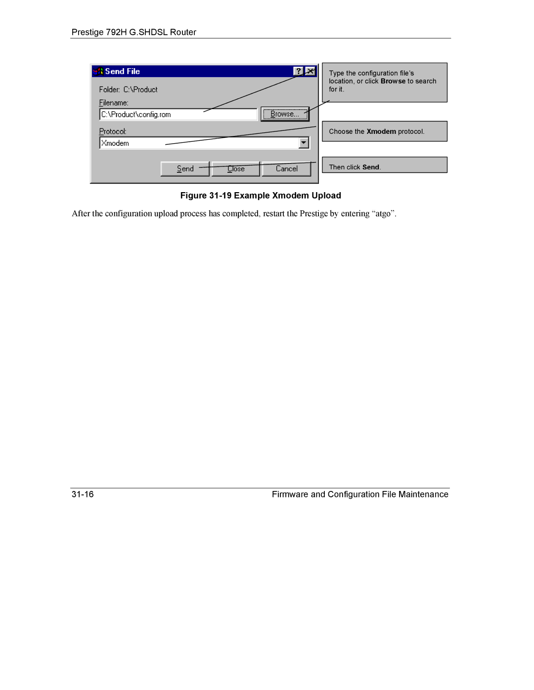 ZyXEL Communications 792H manual Example Xmodem Upload 