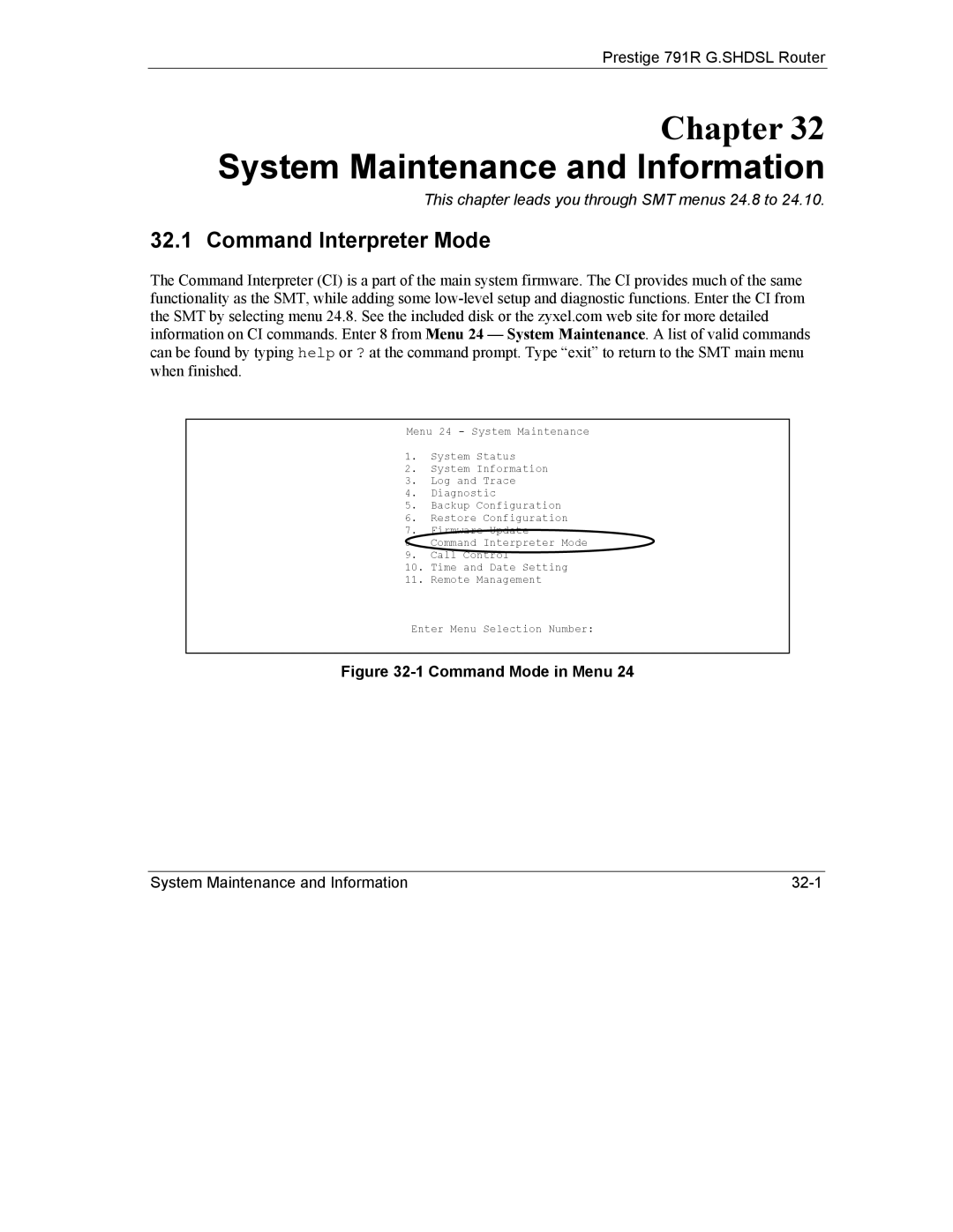 ZyXEL Communications 792H manual System Maintenance and Information, Command Interpreter Mode 