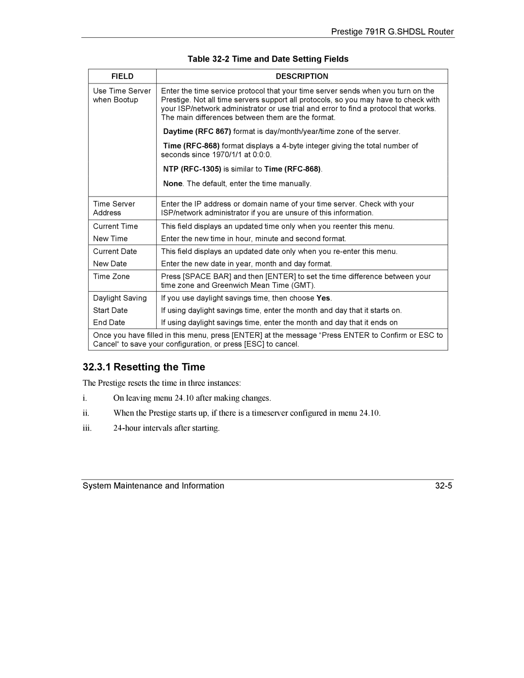 ZyXEL Communications 792H manual Resetting the Time, Time and Date Setting Fields, NTP RFC-1305 is similar to Time RFC-868 