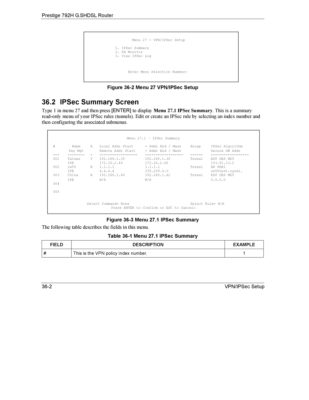 ZyXEL Communications 792H manual IPSec Summary Screen, Menu 27 VPN/IPSec Setup 