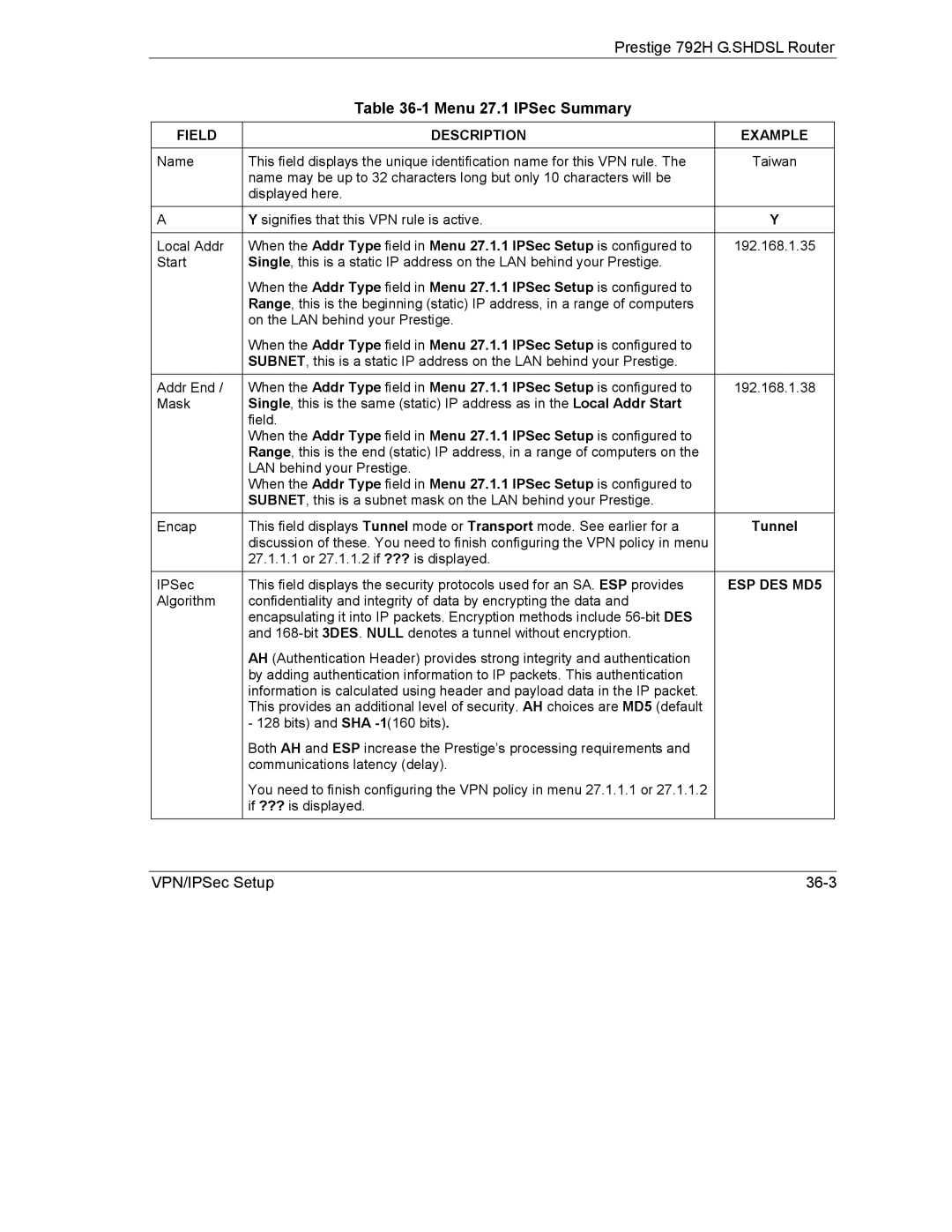 ZyXEL Communications 792H manual Tunnel, ESP DES MD5 