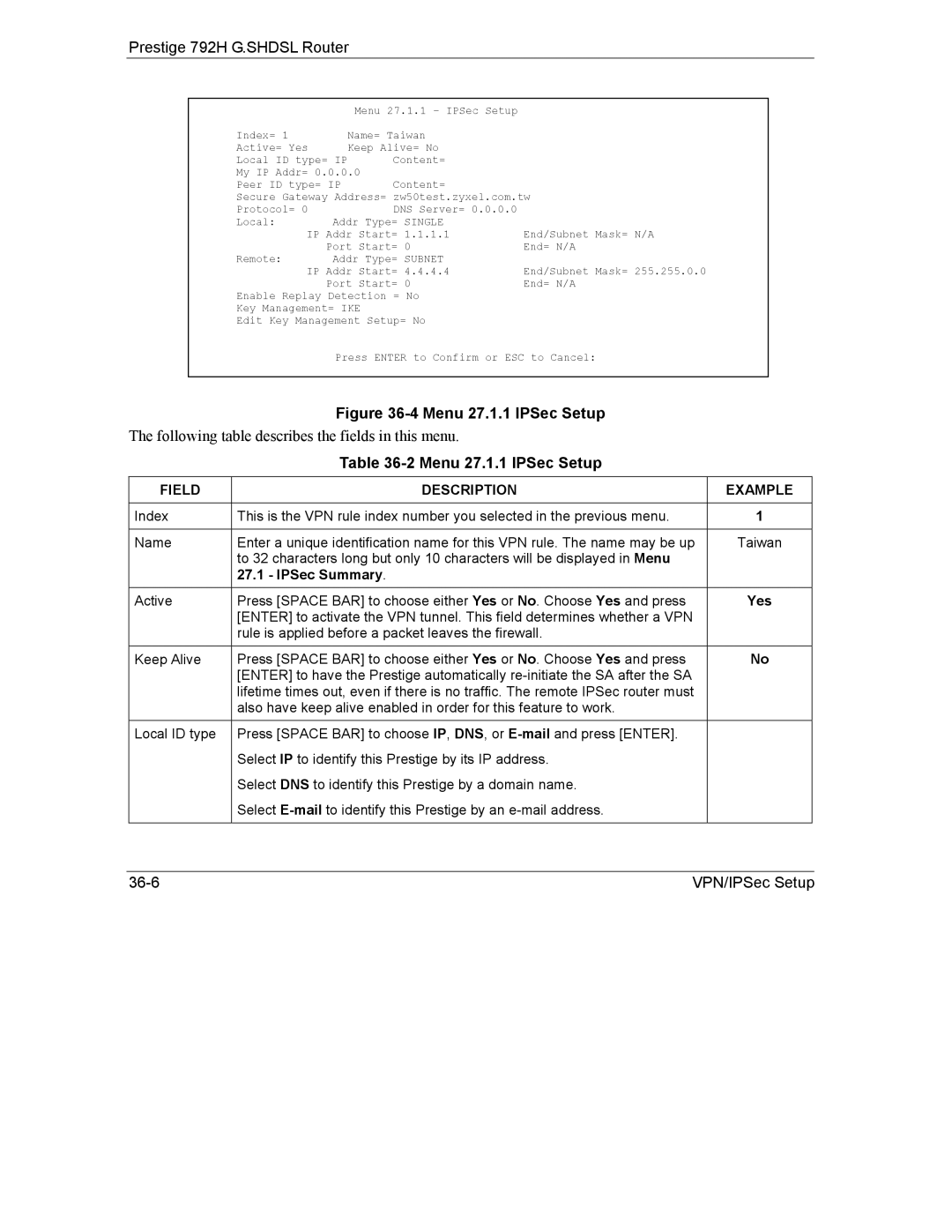 ZyXEL Communications 792H manual Menu 27.1.1 IPSec Setup, IPSec Summary 