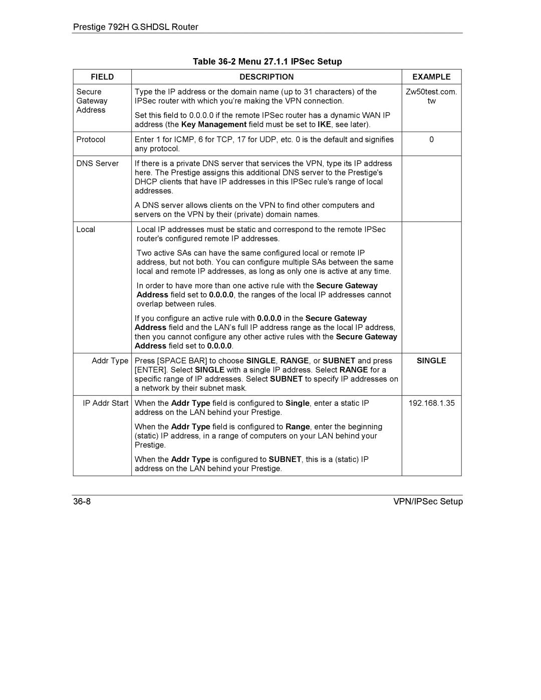 ZyXEL Communications 792H manual Address field set to, Single 