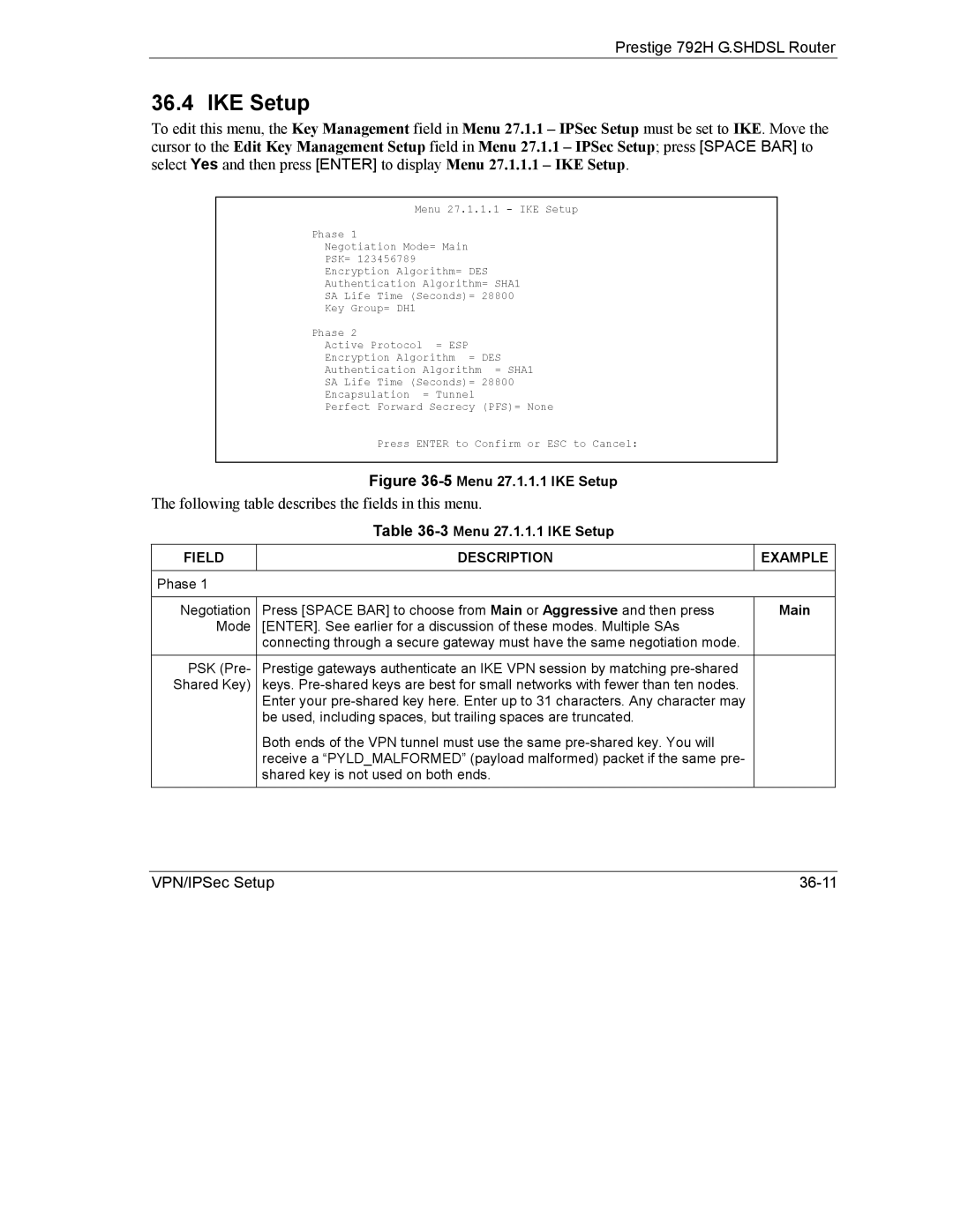 ZyXEL Communications 792H manual Field, 3Menu 27.1.1.1 IKE Setup, Description Example, Main 