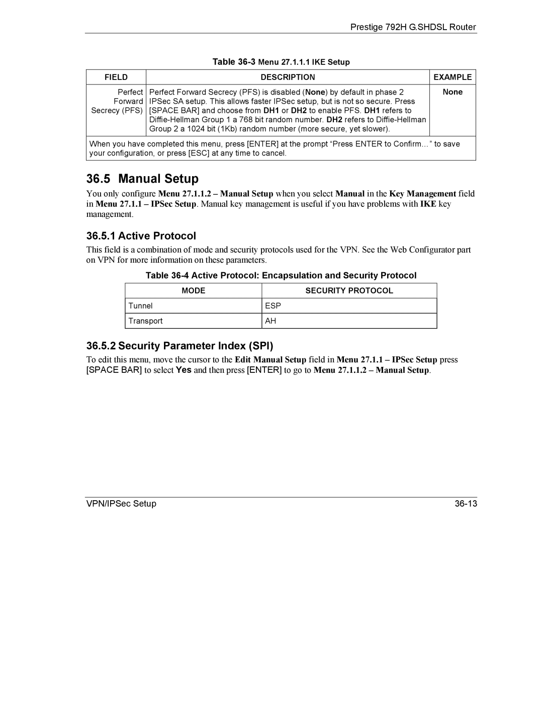 ZyXEL Communications 792H Manual Setup, Active Protocol Encapsulation and Security Protocol, Mode Security Protocol 