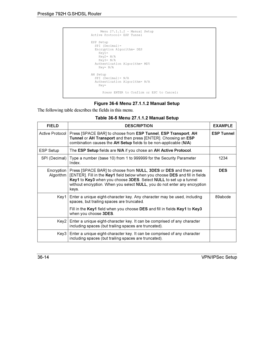 ZyXEL Communications 792H manual Menu 27.1.1.2 Manual Setup, ESP Tunnel 