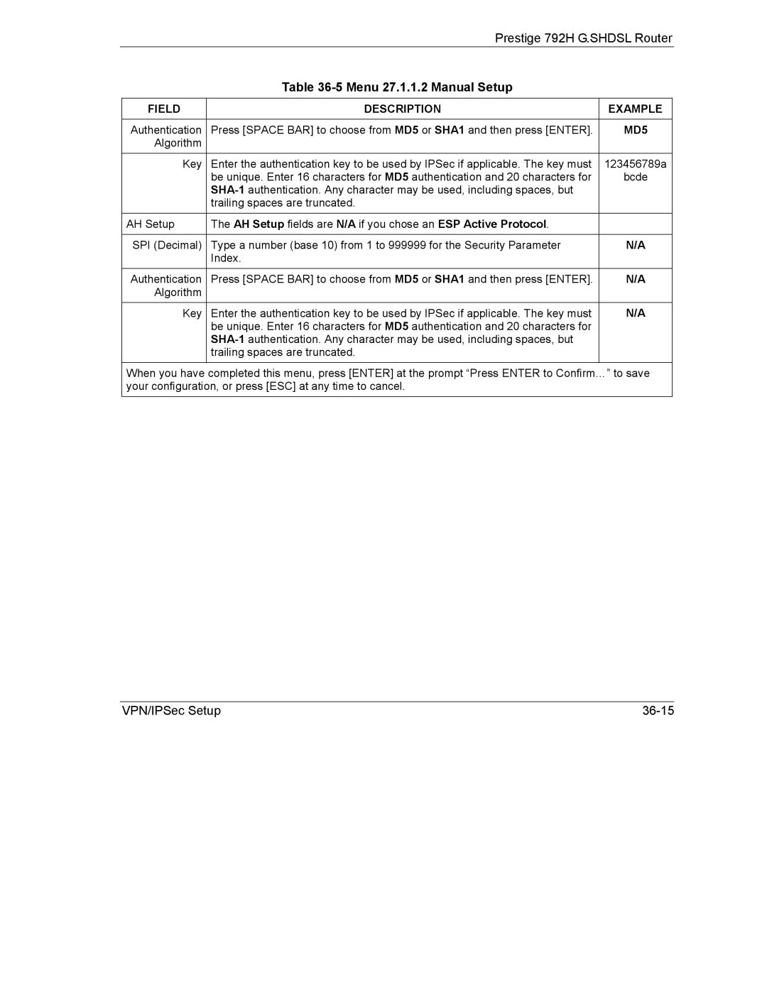 ZyXEL Communications 792H manual VPN/IPSec Setup 36-15 