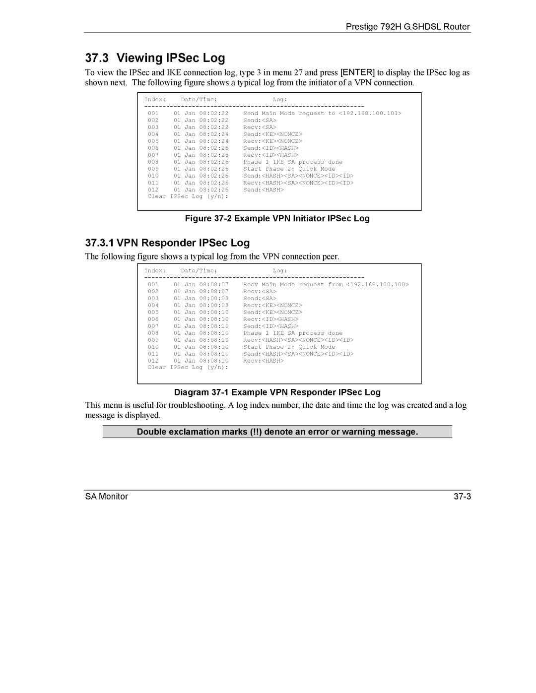 ZyXEL Communications 792H manual Viewing IPSec Log, Diagram 37-1 Example VPN Responder IPSec Log 