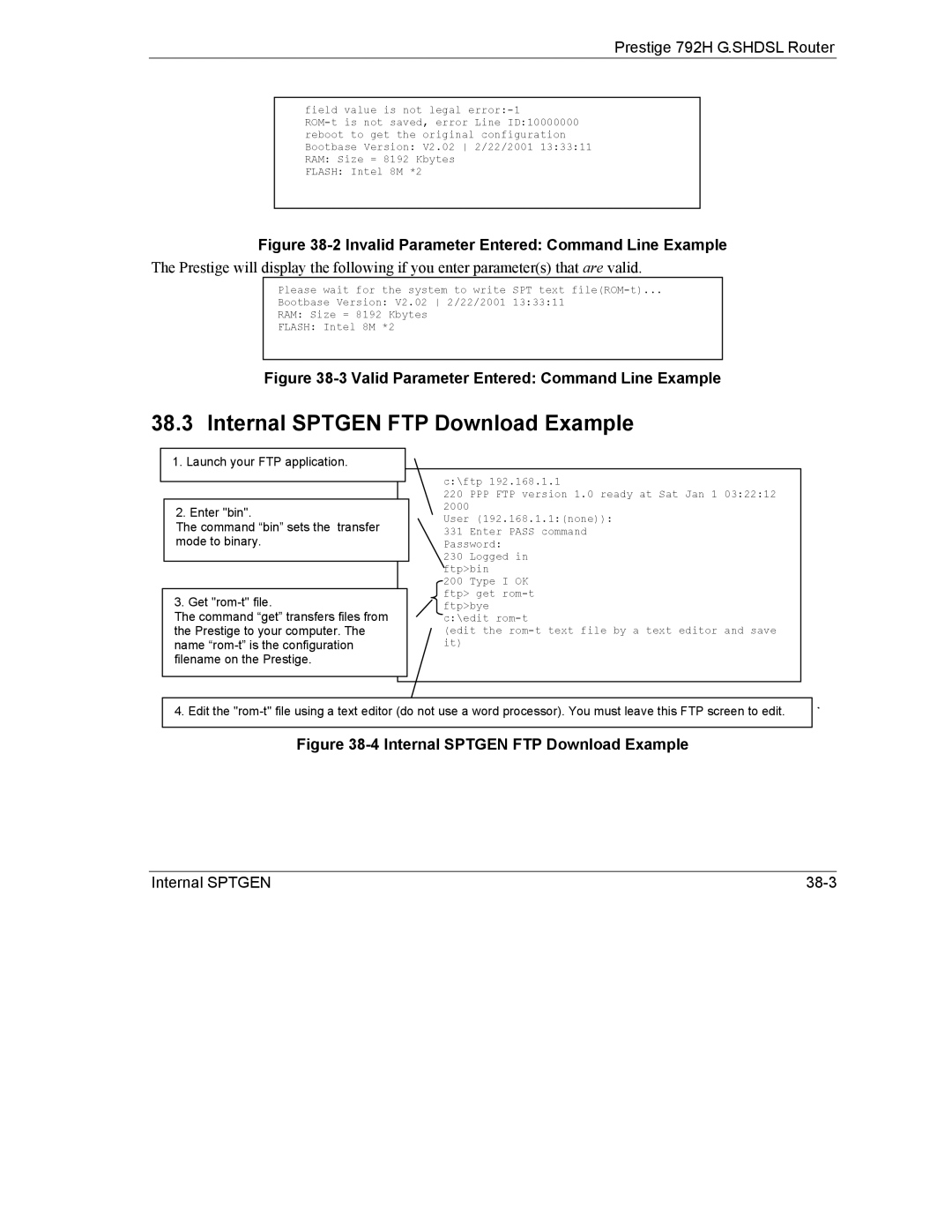 ZyXEL Communications 792H manual Internal Sptgen FTP Download Example, Invalid Parameter Entered Command Line Example 