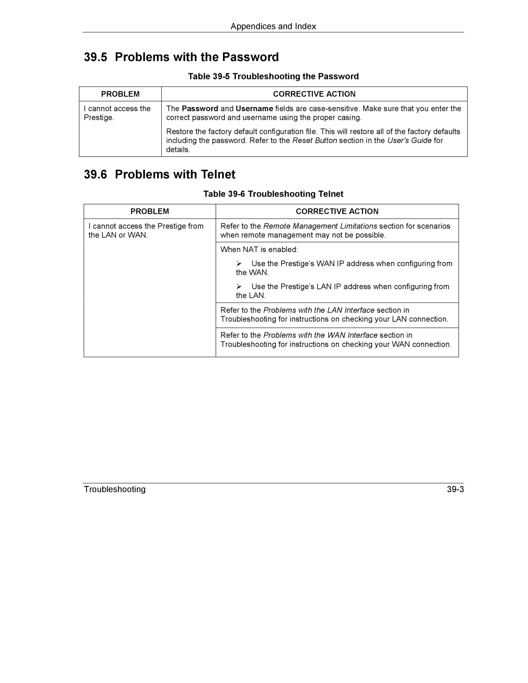 ZyXEL Communications 792H manual Problems with the Password, Problems with Telnet, Troubleshooting the Password 