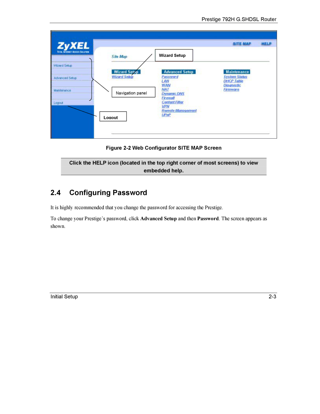 ZyXEL Communications 792H manual Configuring Password 