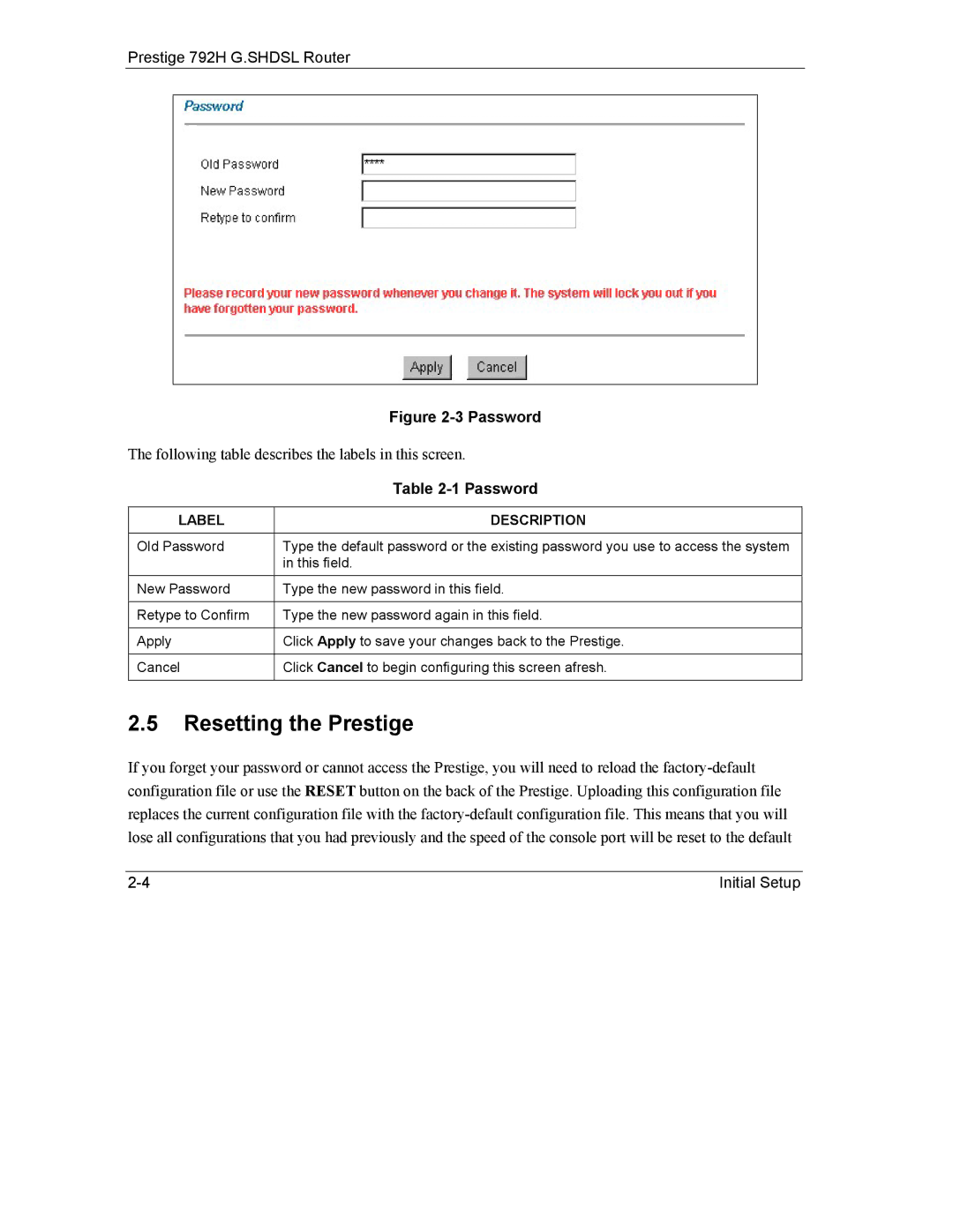 ZyXEL Communications 792H manual Resetting the Prestige, Label Description 