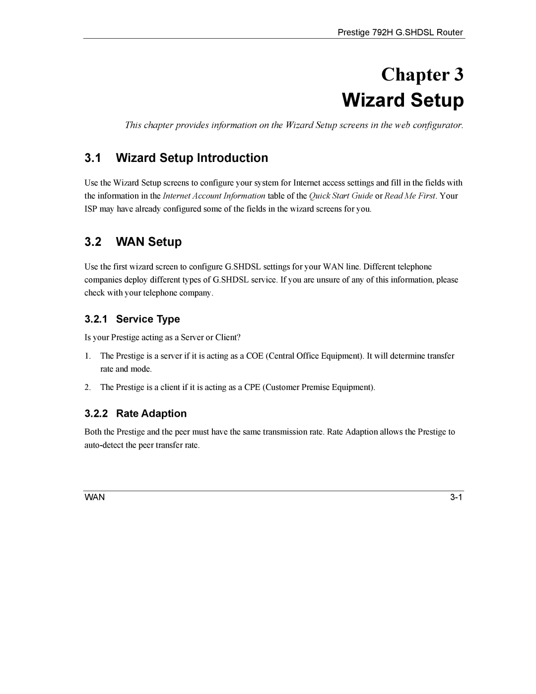 ZyXEL Communications 792H manual Wizard Setup Introduction, WAN Setup, Service Type, Rate Adaption 