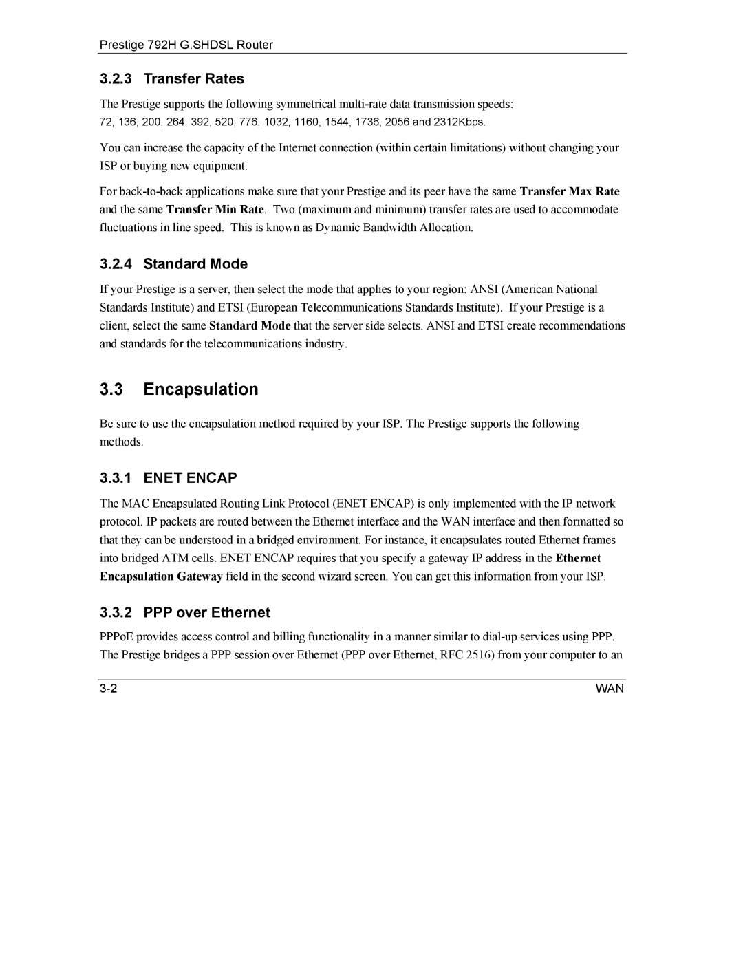 ZyXEL Communications 792H manual Encapsulation, Transfer Rates, Standard Mode, PPP over Ethernet 