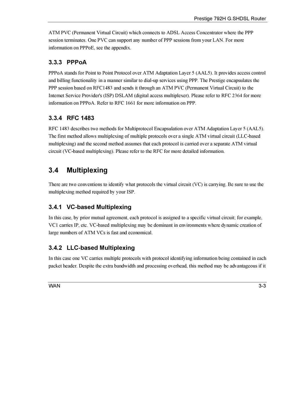 ZyXEL Communications 792H manual PPPoA, 4 RFC, VC-based Multiplexing, LLC-based Multiplexing 