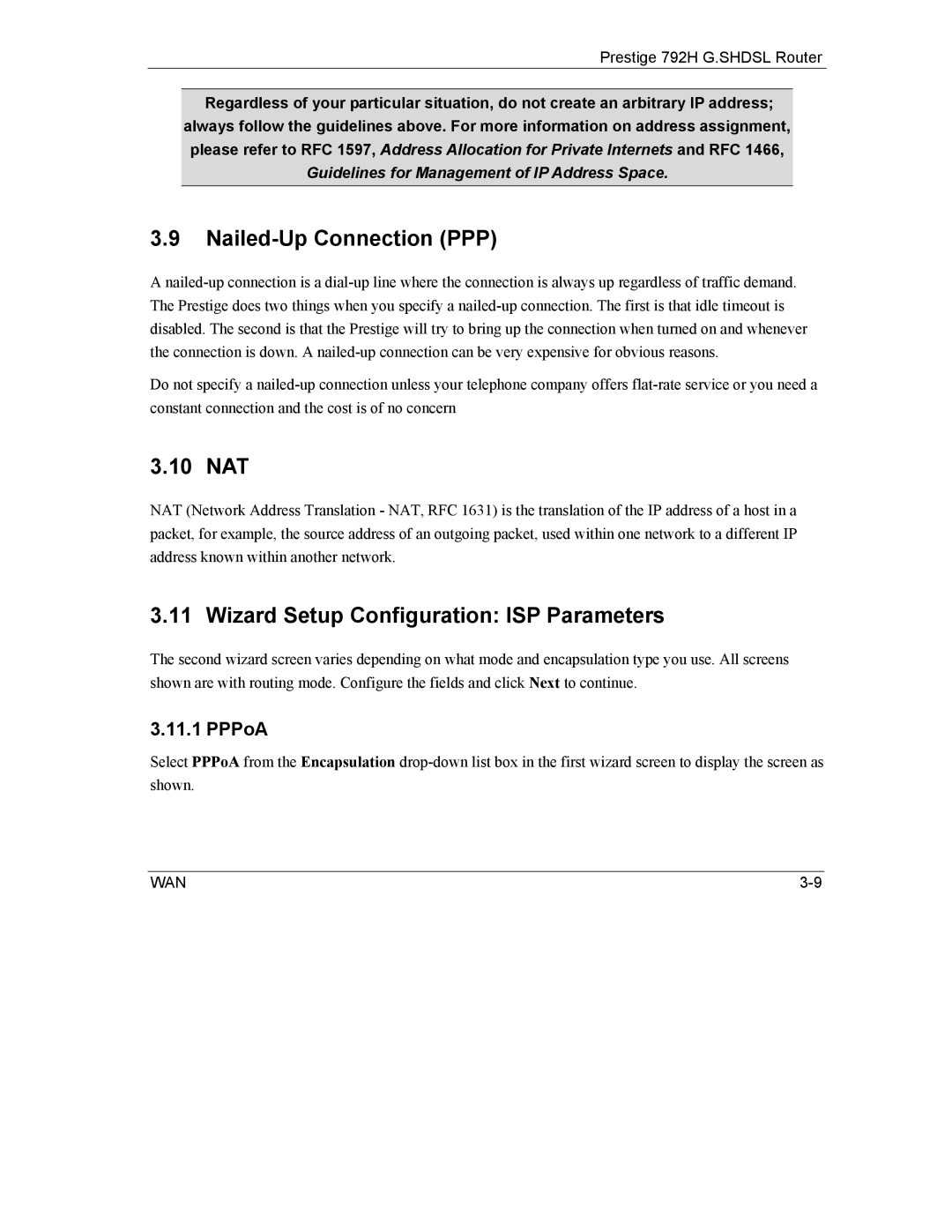 ZyXEL Communications 792H manual Nailed-Up Connection PPP, 10 NAT, Wizard Setup Configuration ISP Parameters 