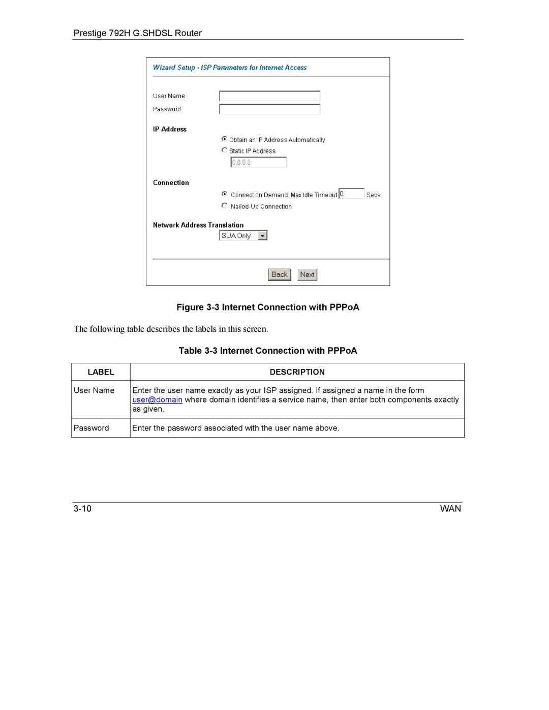 ZyXEL Communications 792H manual Internet Connection with PPPoA 