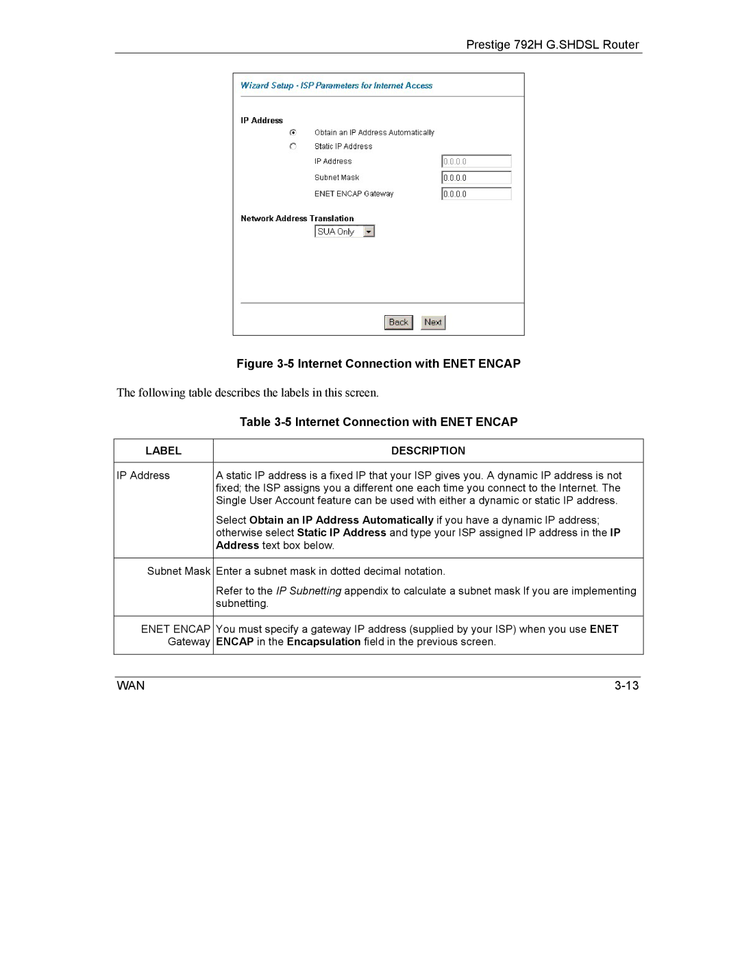 ZyXEL Communications 792H manual Internet Connection with Enet Encap 