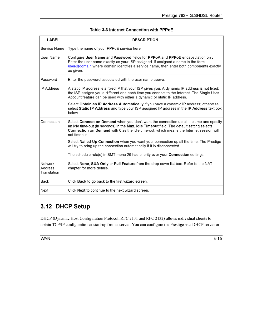 ZyXEL Communications 792H manual Dhcp Setup 