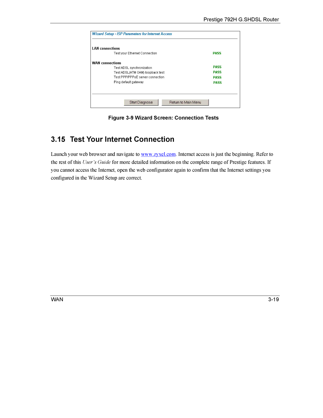 ZyXEL Communications 792H manual Test Your Internet Connection, Wizard Screen Connection Tests 