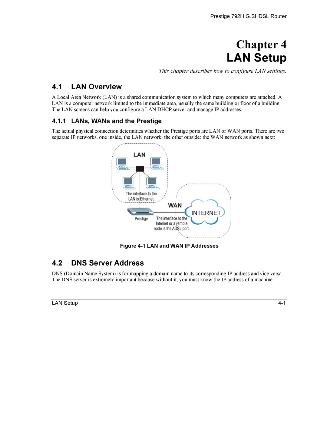 ZyXEL Communications 792H manual LAN Setup, LAN Overview, DNS Server Address, LANs, WANs and the Prestige 