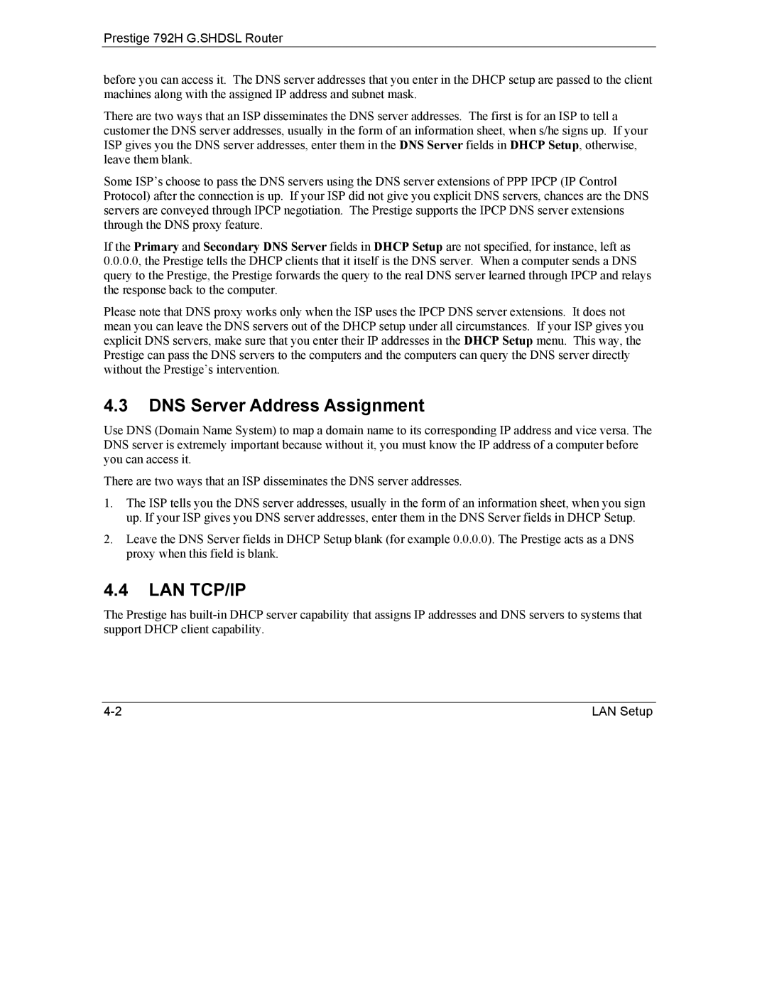 ZyXEL Communications 792H manual DNS Server Address Assignment, Lan Tcp/Ip 