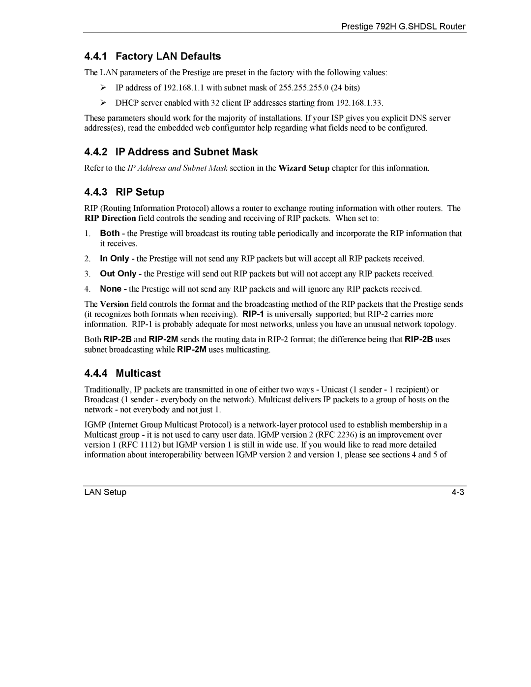 ZyXEL Communications 792H manual Factory LAN Defaults, IP Address and Subnet Mask, RIP Setup, Multicast 