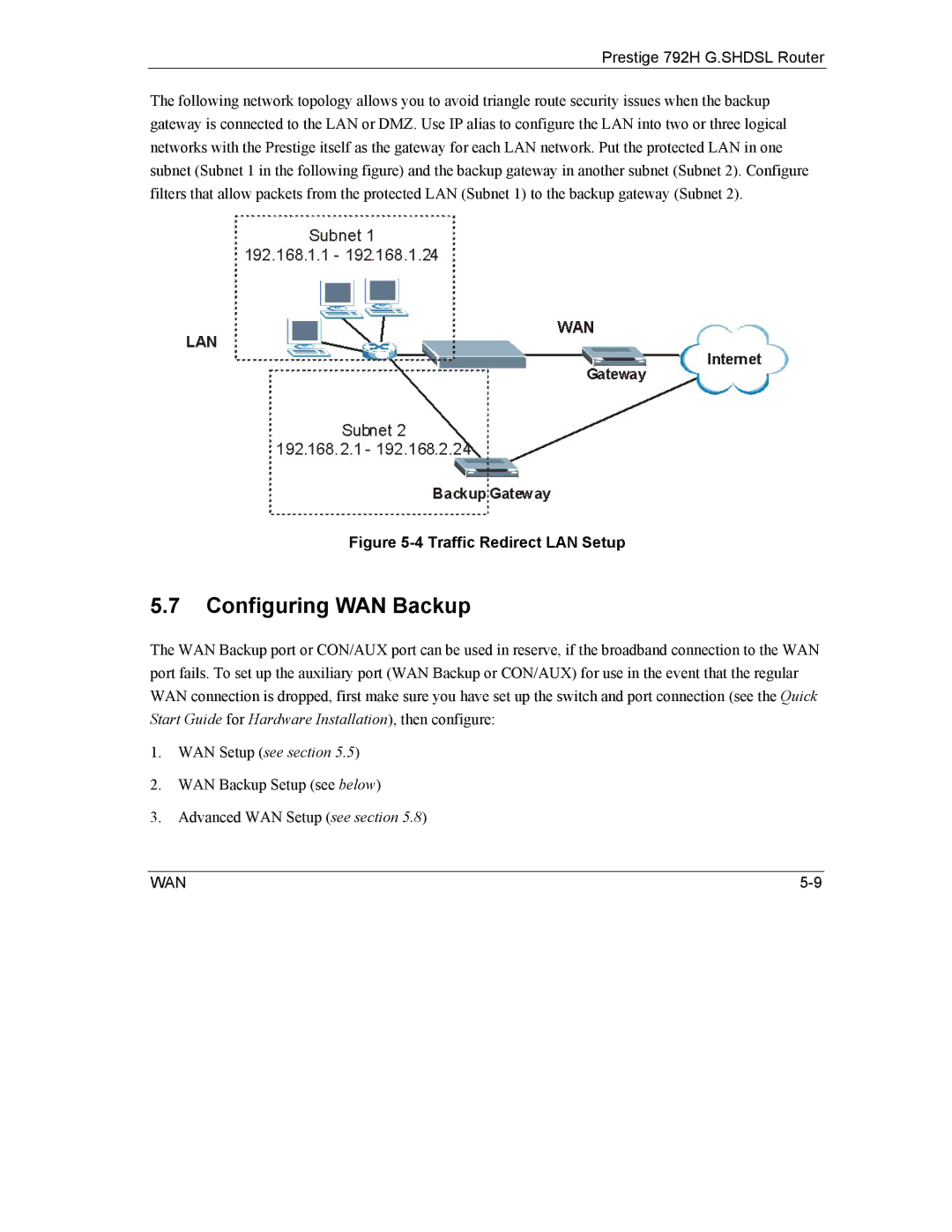 ZyXEL Communications 792H manual Configuring WAN Backup, Traffic Redirect LAN Setup 