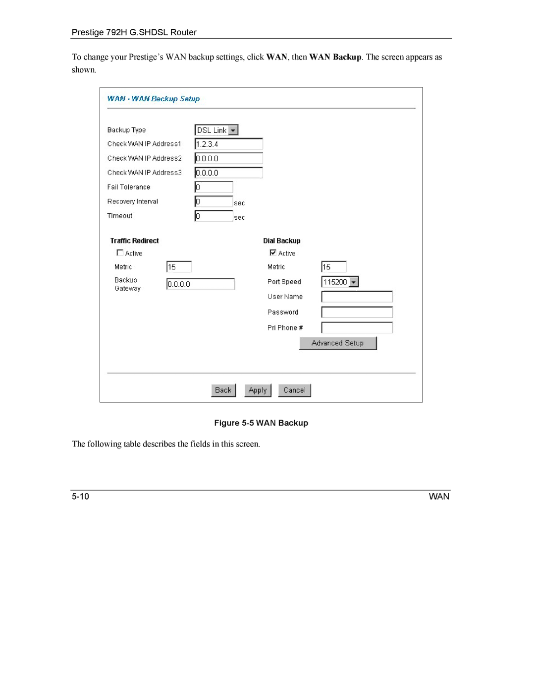 ZyXEL Communications 792H manual WAN Backup 