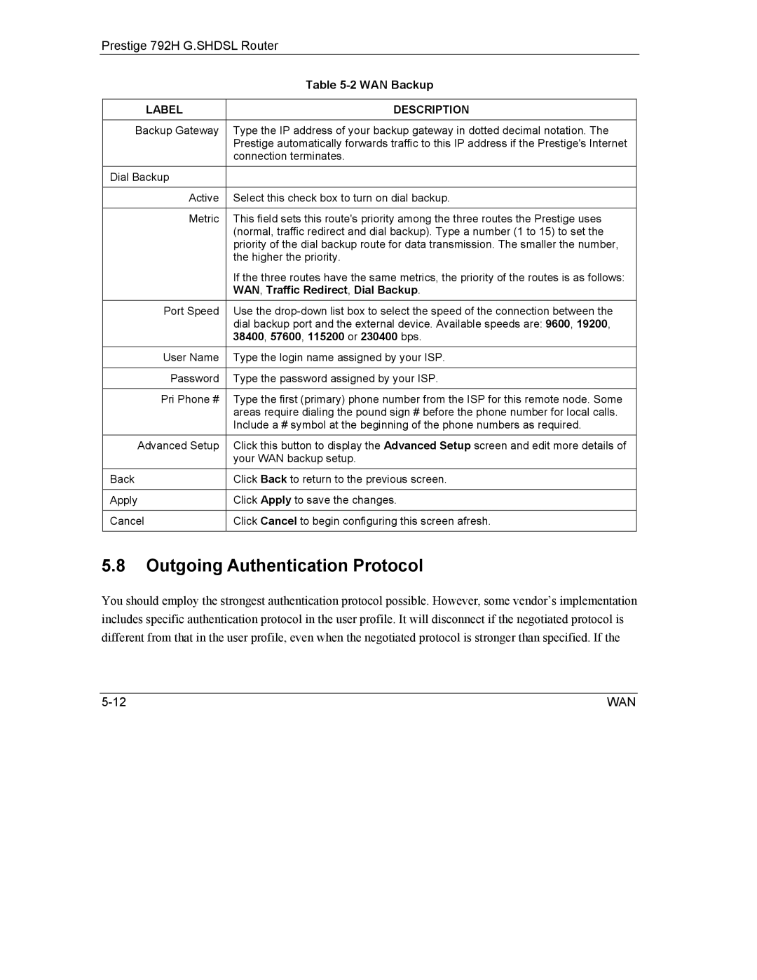 ZyXEL Communications 792H manual Outgoing Authentication Protocol, WAN , Traffic Redirect , Dial Backup 