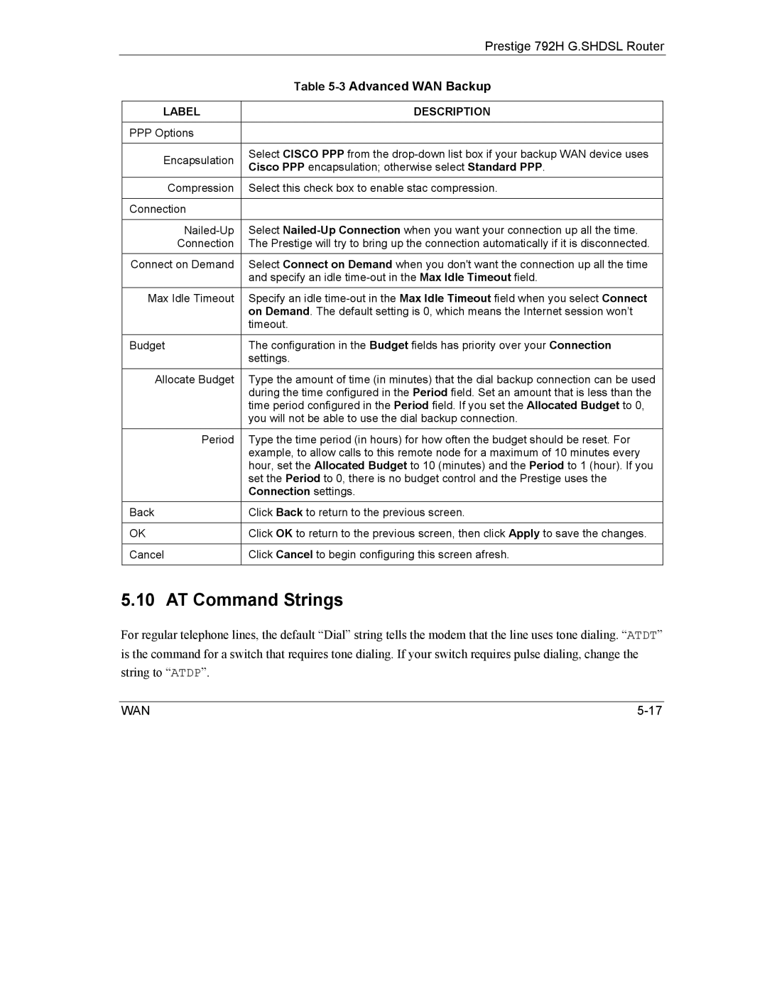 ZyXEL Communications 792H manual AT Command Strings, Connection settings 