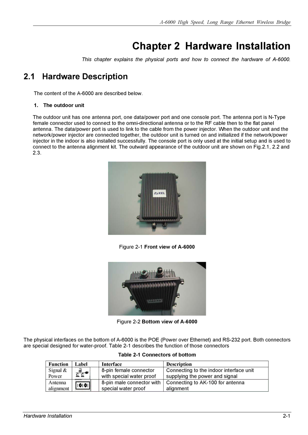 ZyXEL Communications A-6000 manual Hardware Description, Outdoor unit, Connectors of bottom 