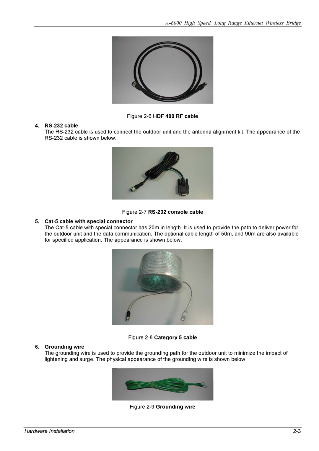 ZyXEL Communications A-6000 manual 6HDF 400 RF cable RS-232 cable 