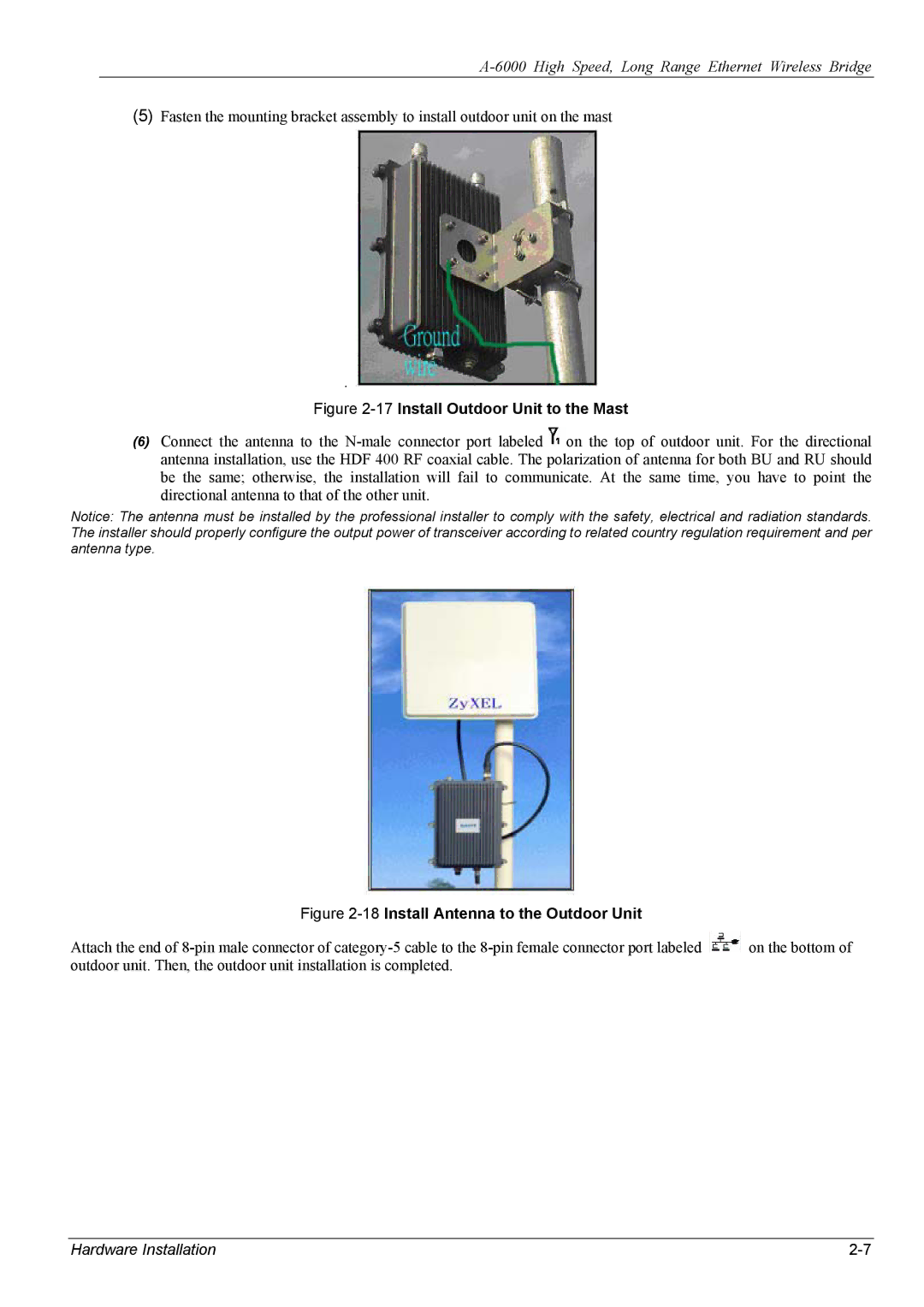 ZyXEL Communications A-6000 manual 17Install Outdoor Unit to the Mast 