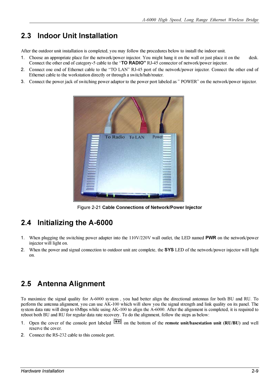 ZyXEL Communications manual Indoor Unit Installation, Initializing the A-6000, Antenna Alignment 