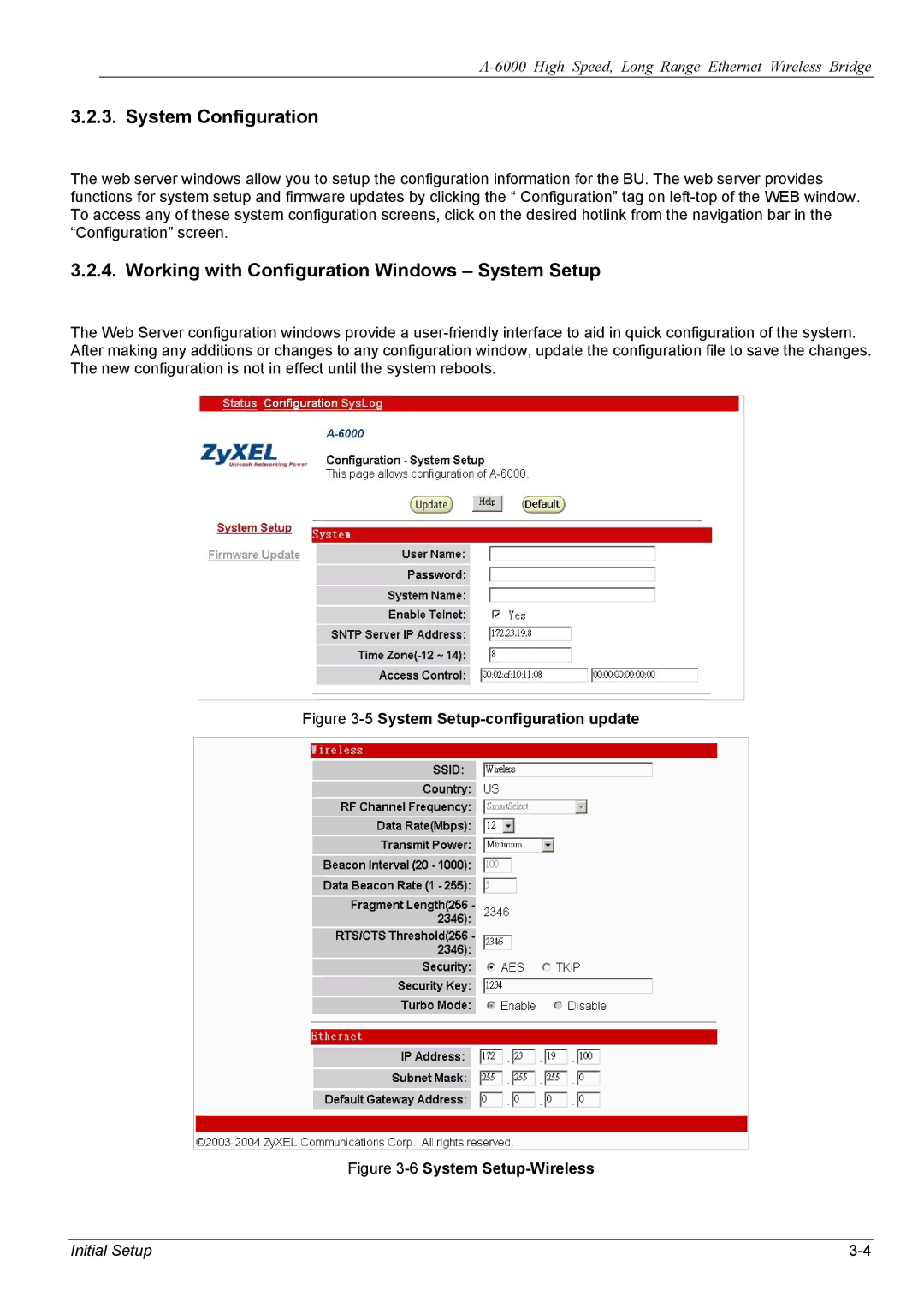 ZyXEL Communications A-6000 manual System Configuration, Working with Configuration Windows System Setup 