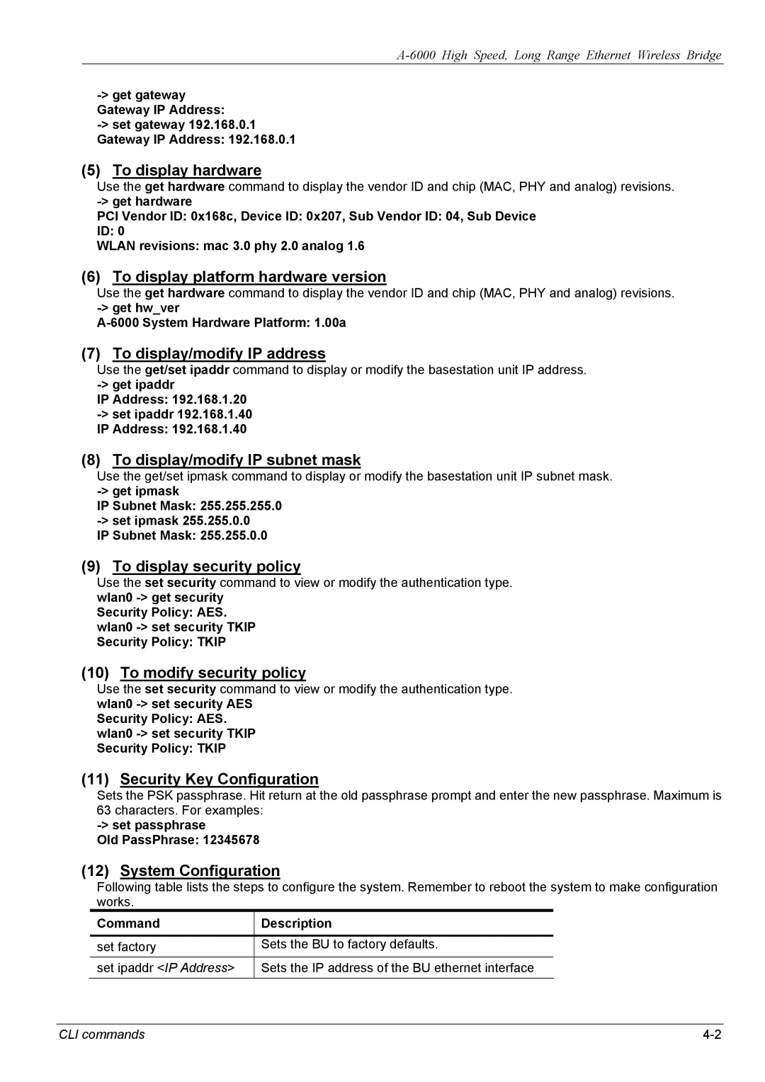 ZyXEL Communications A-6000 manual To display hardware, To display platform hardware version, To display/modify IP address 