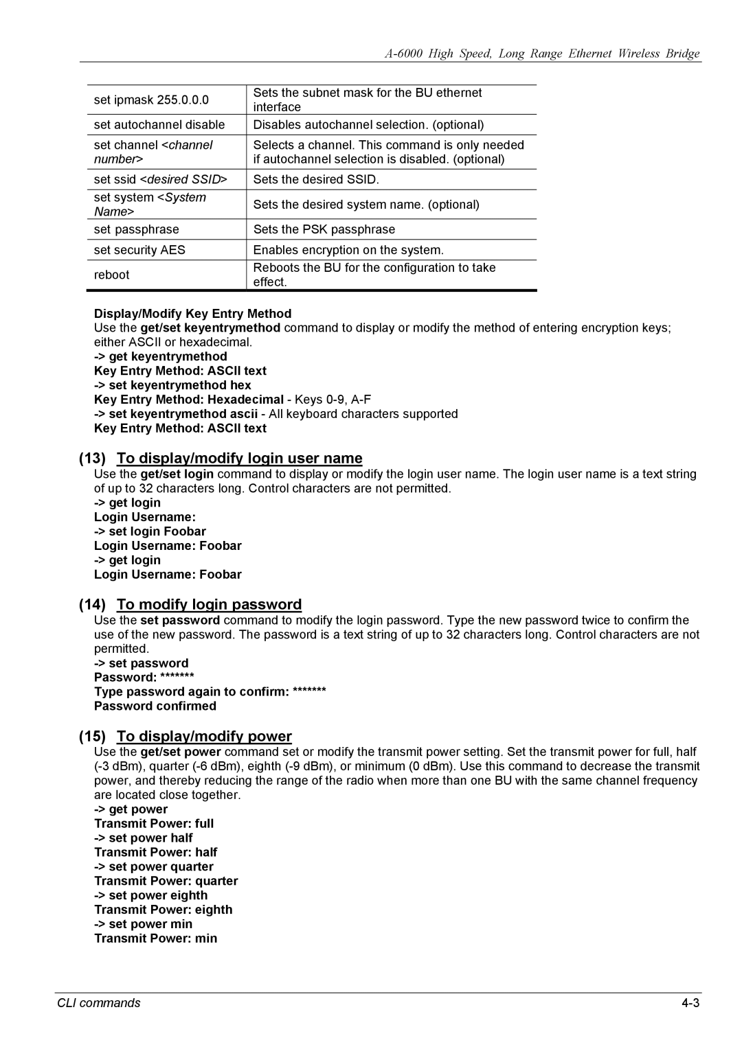 ZyXEL Communications A-6000 manual To display/modify login user name, To modify login password, To display/modify power 