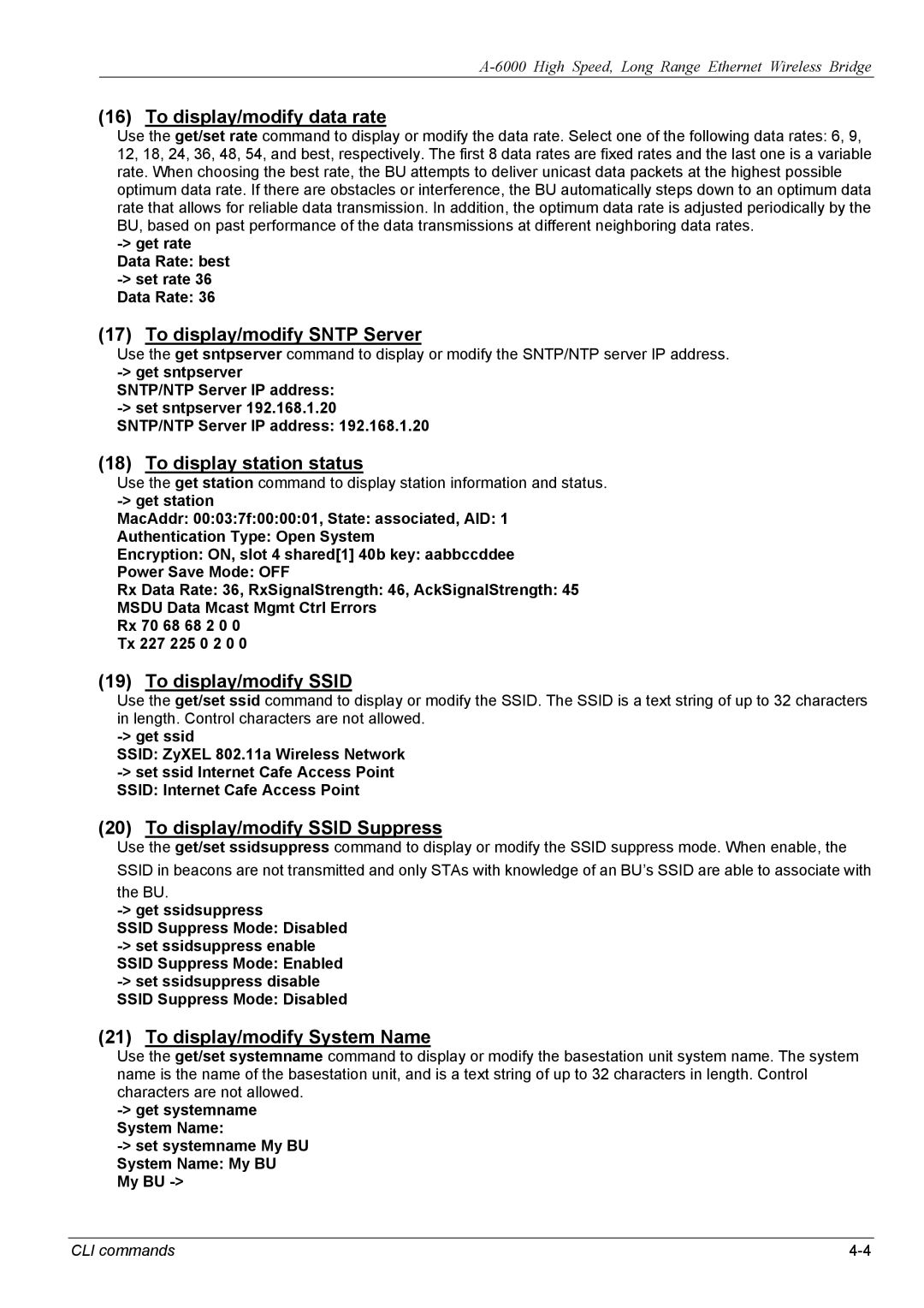 ZyXEL Communications A-6000 manual To display/modify data rate, To display/modify Sntp Server, To display station status 