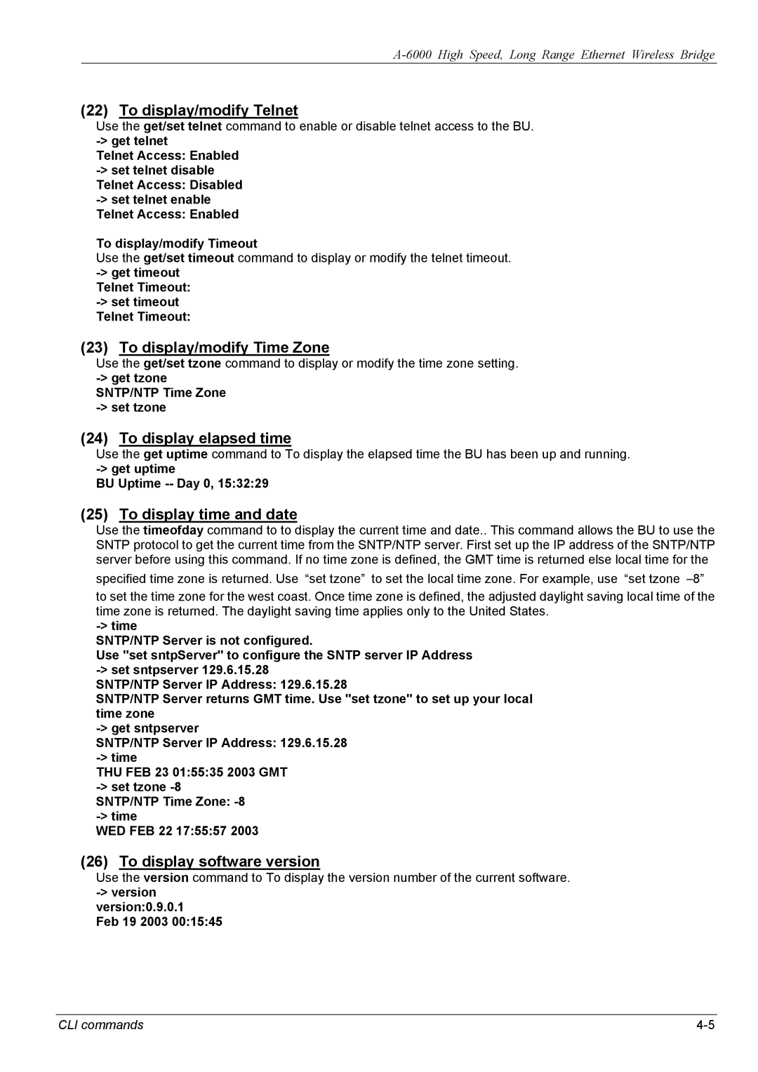 ZyXEL Communications A-6000 manual To display/modify Telnet, To display/modify Time Zone, To display elapsed time 