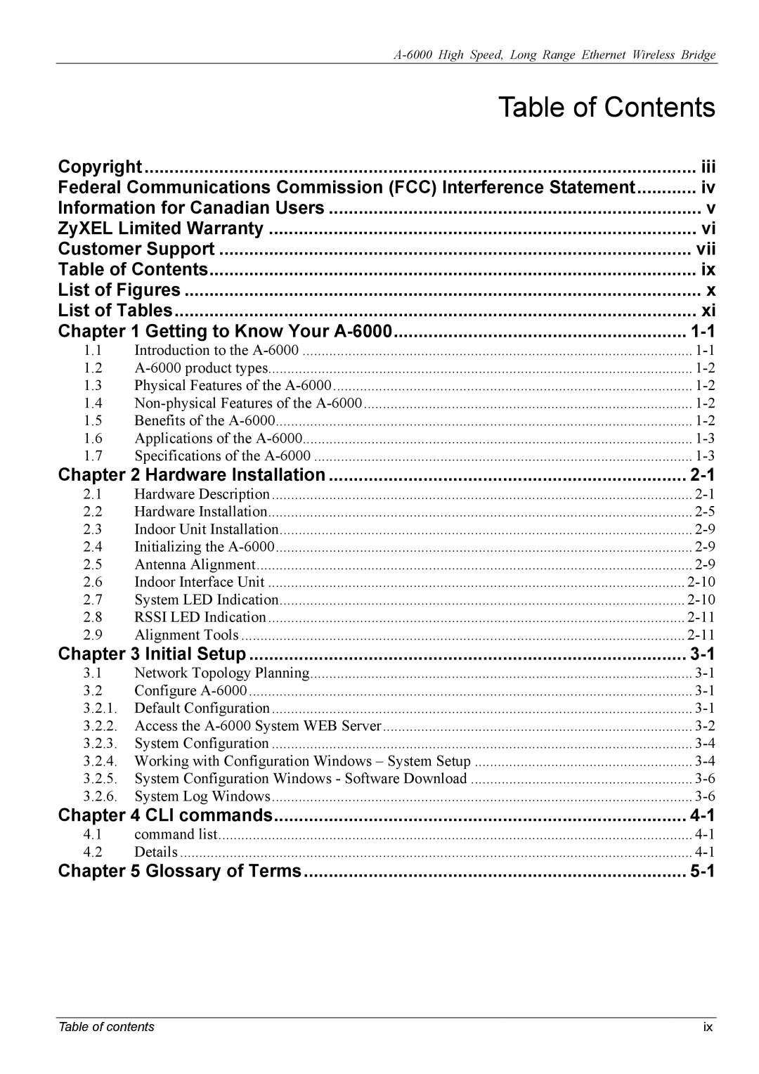 ZyXEL Communications A-6000 manual Table of Contents 