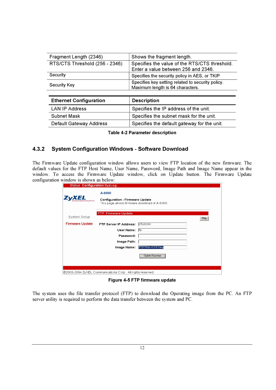 ZyXEL Communications A-6000 quick start System Configuration Windows Software Download, Ethernet Configuration Description 