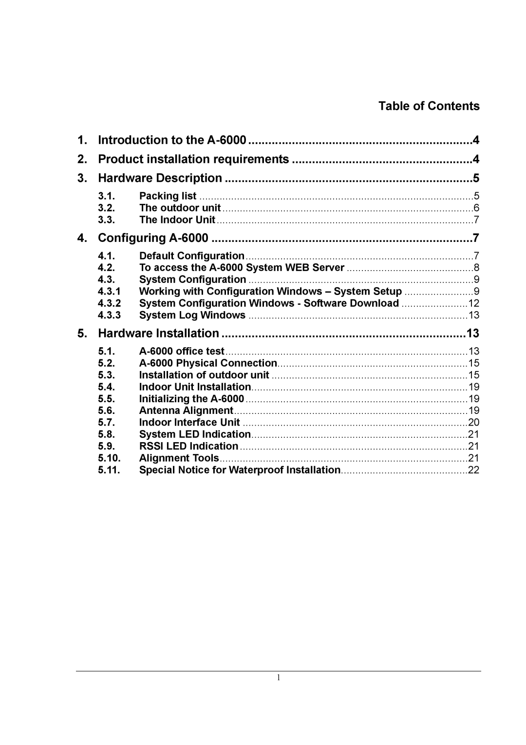 ZyXEL Communications A-6000 quick start Table of Contents, Hardware Installation 