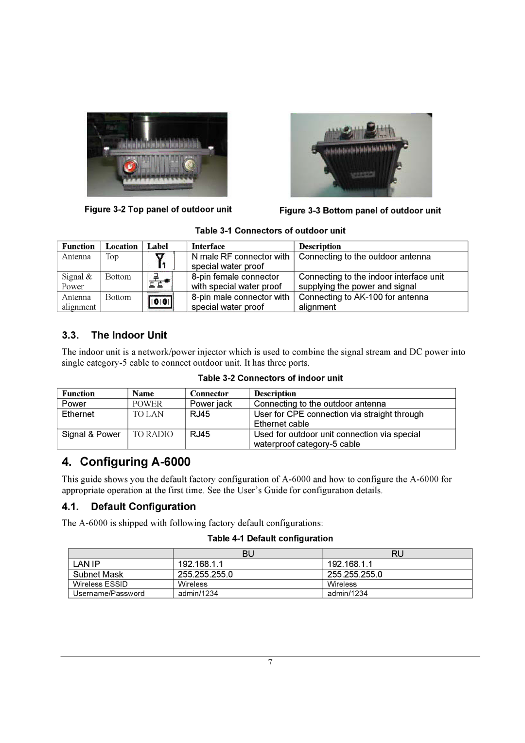 ZyXEL Communications quick start Configuring A-6000, Connectors of outdoor unit 