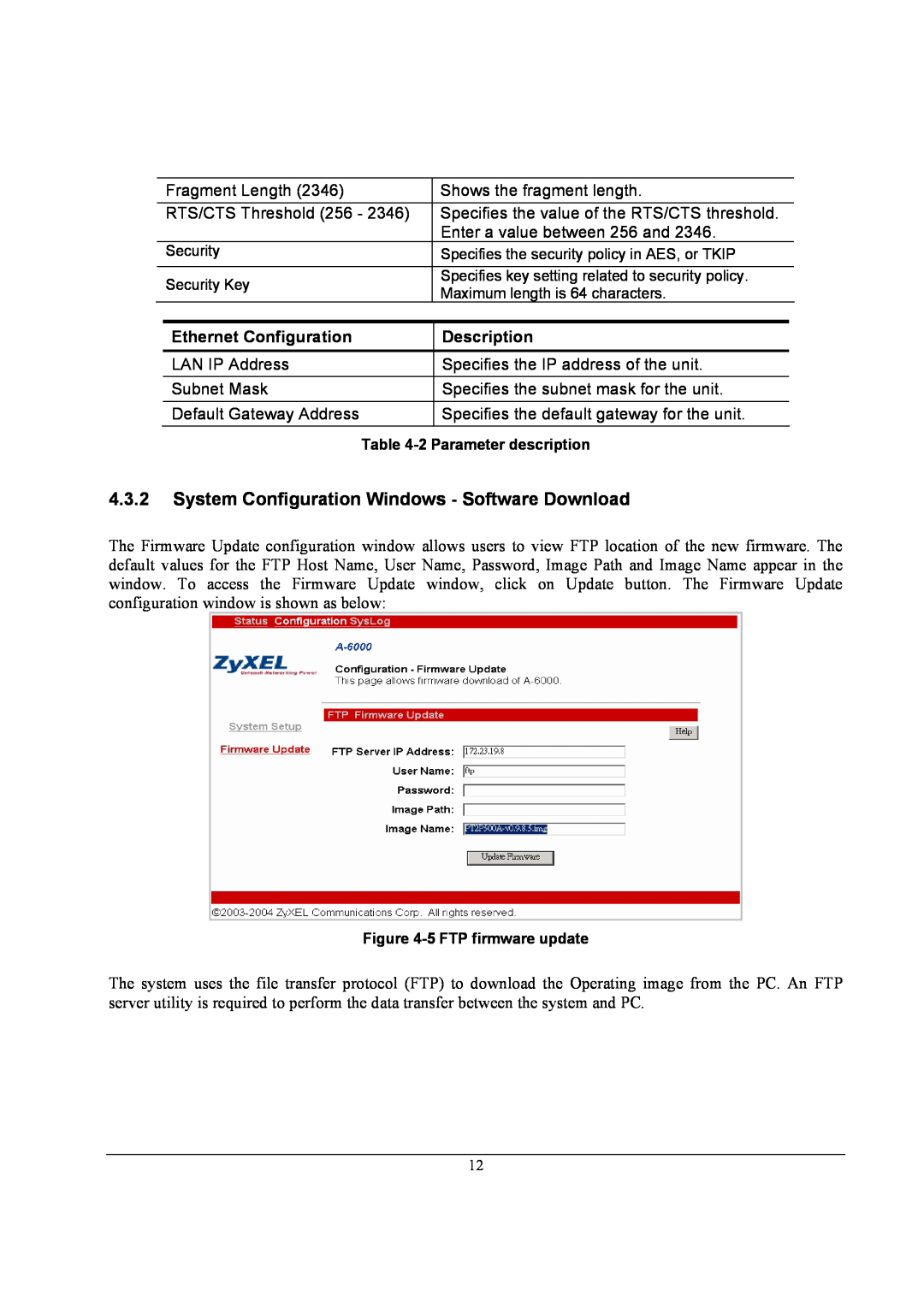 ZyXEL Communications A-6000 System Configuration Windows - Software Download, Ethernet Configuration, Description 