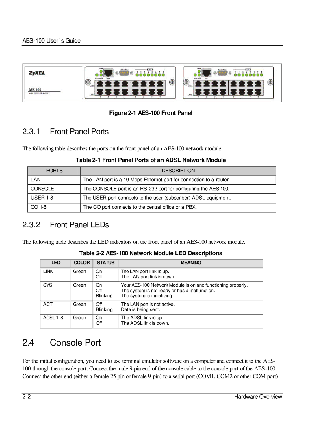 ZyXEL Communications AES-100 manual Console Port, Front Panel Ports, Front Panel LEDs 