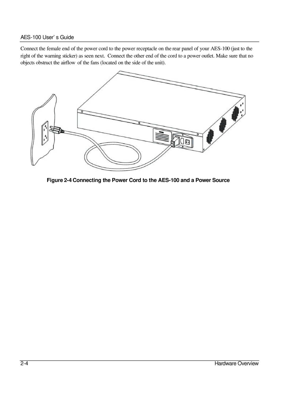 ZyXEL Communications manual Connecting the Power Cord to the AES-100 and a Power Source 